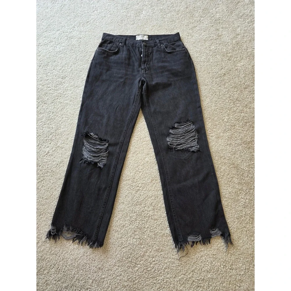 We The Free Women Black Distressed Straight Leg Jeans High Rise Raw Hem Size 28
